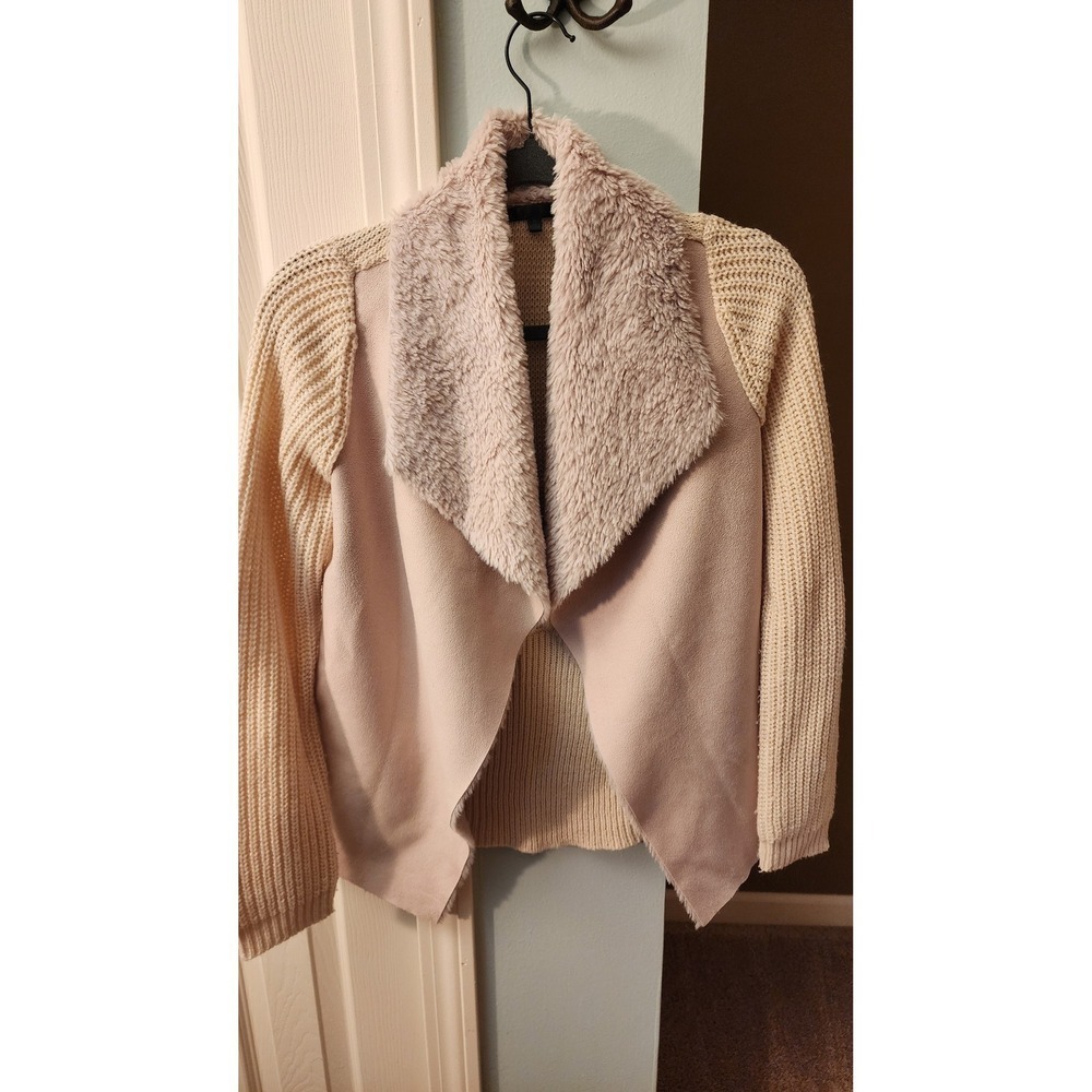 Womens Cream Faux Fur Shawl Collar Open Front Mixed Media Knit Cardigan Jacket